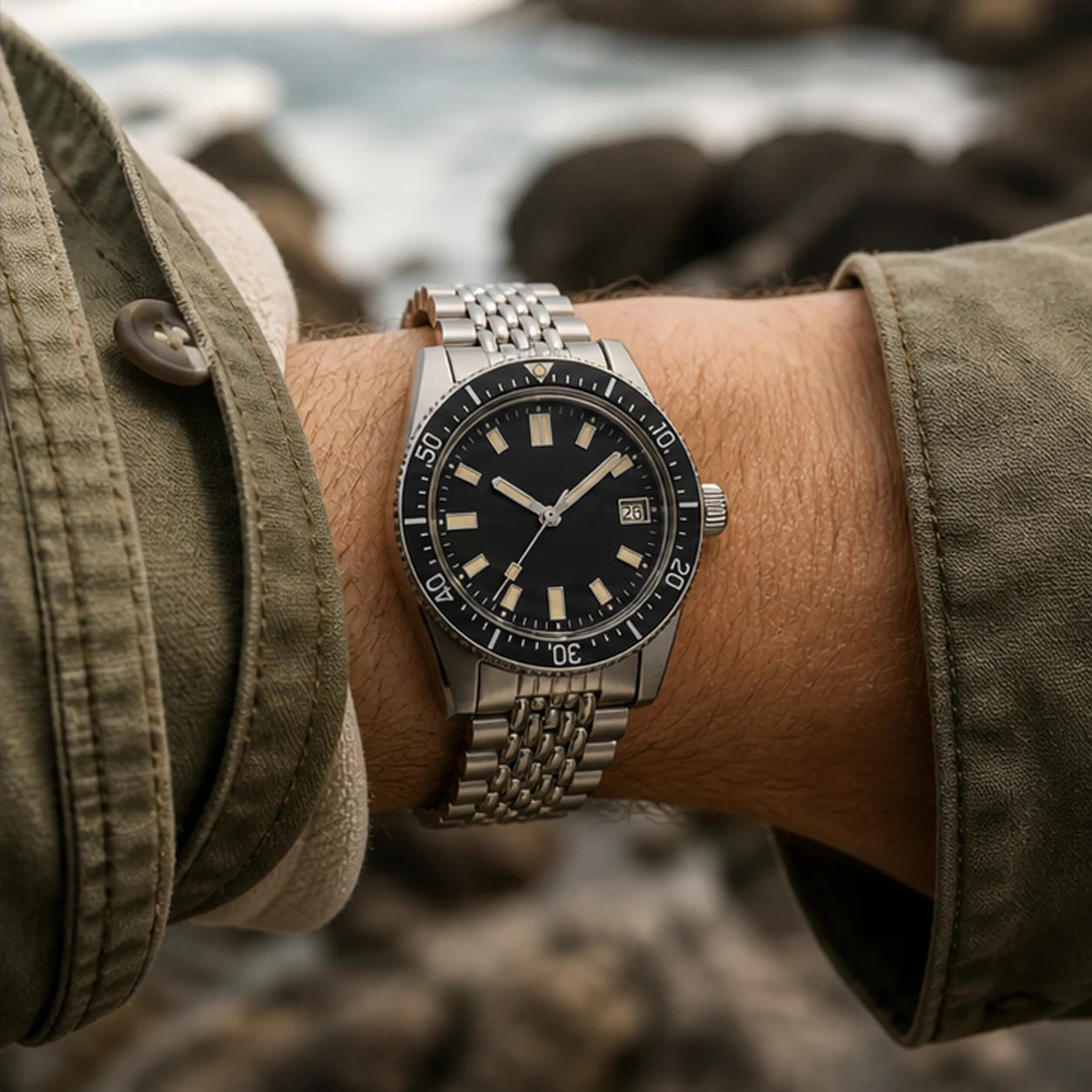 Heritage 38 Vintage Diver Kit Black worn on wrist
