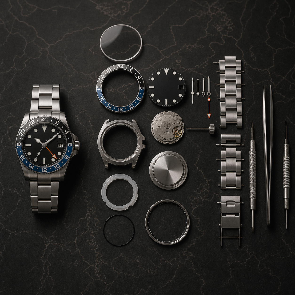 Watch kit components arranged for assembly
